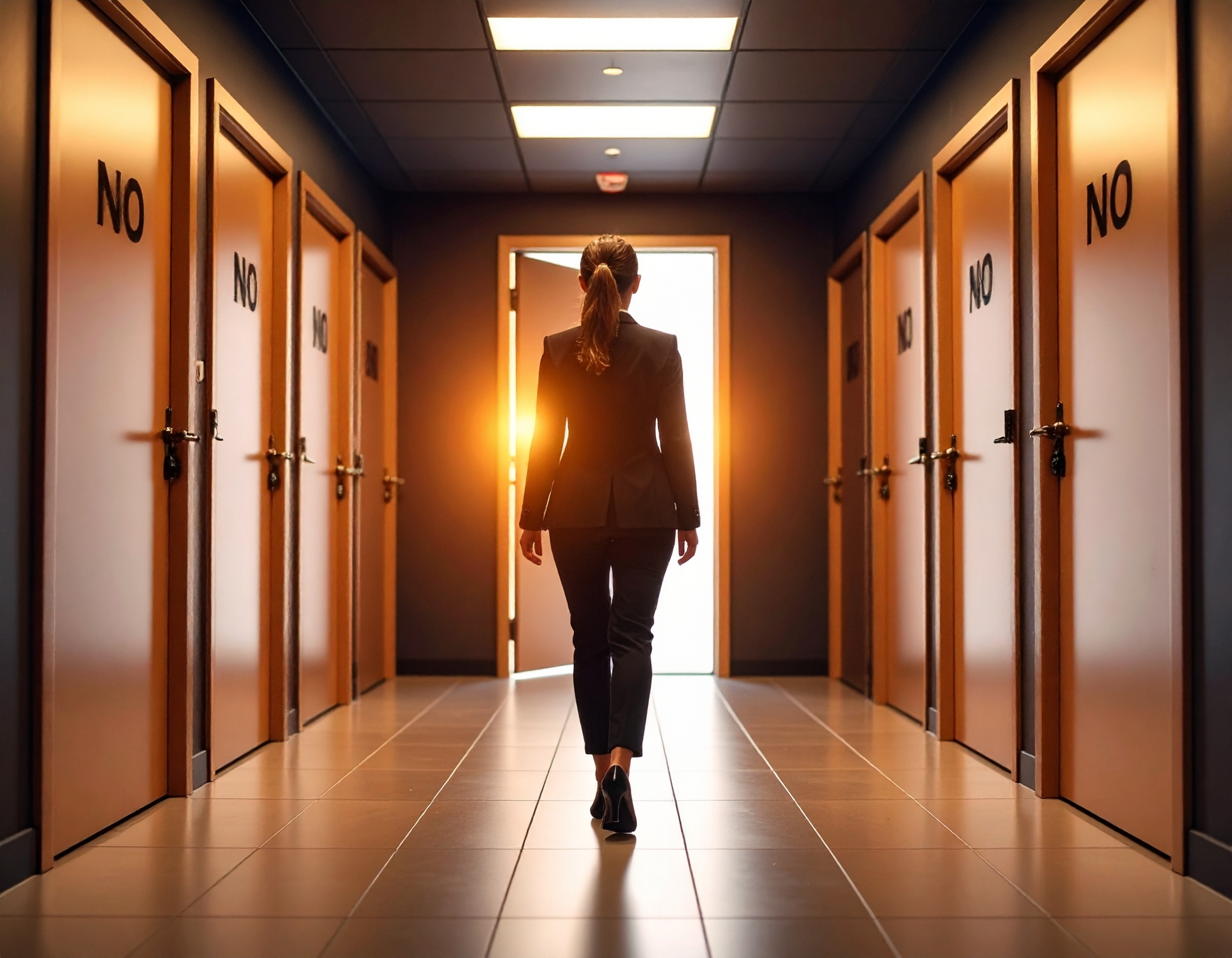Salesperson walking down a hallway of closed doors labeled “NO,” moving toward a glowing open door—representing overcoming rejection in sales through mindset shift.